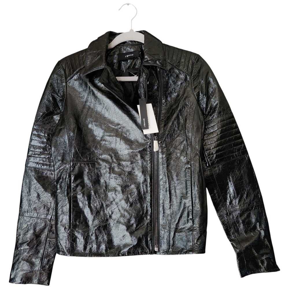 J BRAND Patent Black Lamb Leather Moto Jacket Size XS Metallic Shiny‎ Street NWT